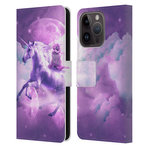 Random Galaxy Space Unicorn Ride Purple Galaxy Cat Leather Book Wallet Case Cover For Apple iPhone 15 Pro