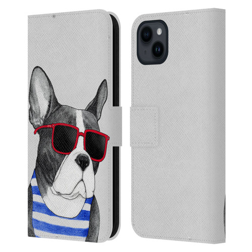 Barruf Dogs Frenchie Summer Style Leather Book Wallet Case Cover For Apple iPhone 15 Plus