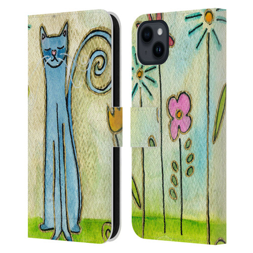 Wyanne Cat Blue Cat In The Flower Garden Leather Book Wallet Case Cover For Apple iPhone 15 Plus