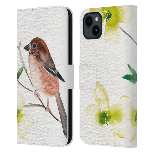 Mai Autumn Birds Dogwood Branch Leather Book Wallet Case Cover For Apple iPhone 15 Plus