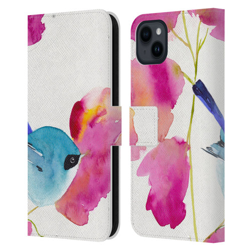 Mai Autumn Floral Blooms Blue Bird Leather Book Wallet Case Cover For Apple iPhone 15 Plus