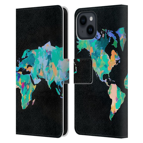 Mai Autumn Paintings World Map Leather Book Wallet Case Cover For Apple iPhone 15