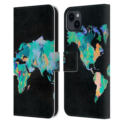 Mai Autumn Paintings World Map Leather Book Wallet Case Cover For Apple iPhone 15 Plus