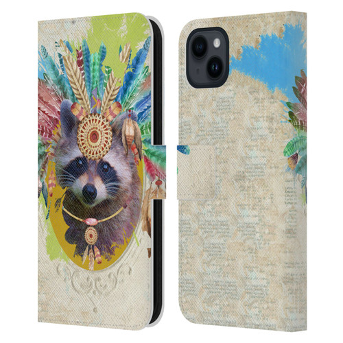 Duirwaigh Boho Animals Raccoon Leather Book Wallet Case Cover For Apple iPhone 15 Plus