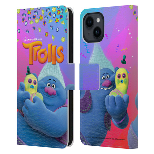 Trolls Snack Pack Biggie & Mr. Dinkles Leather Book Wallet Case Cover For Apple iPhone 15
