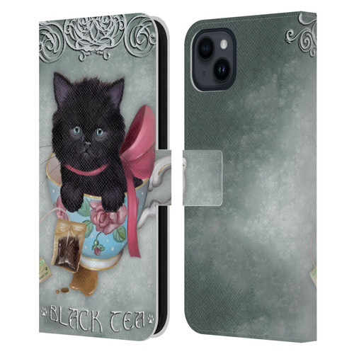 Ash Evans Black Cats Tea Leather Book Wallet Case Cover For Apple iPhone 15 Plus
