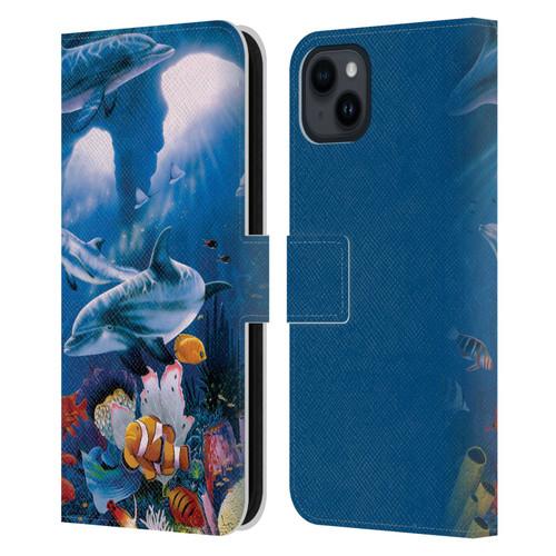 Graeme Stevenson Assorted Designs Dolphins Leather Book Wallet Case Cover For Apple iPhone 15 Plus