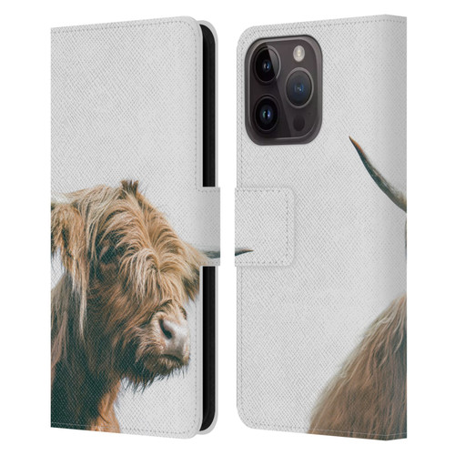 Patrik Lovrin Animal Portraits Majestic Highland Cow Leather Book Wallet Case Cover For Apple iPhone 15 Pro