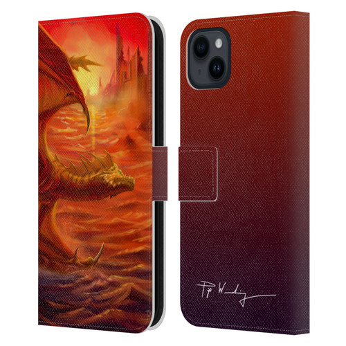 Piya Wannachaiwong Dragons Of Fire Lakeside Leather Book Wallet Case Cover For Apple iPhone 15 Plus