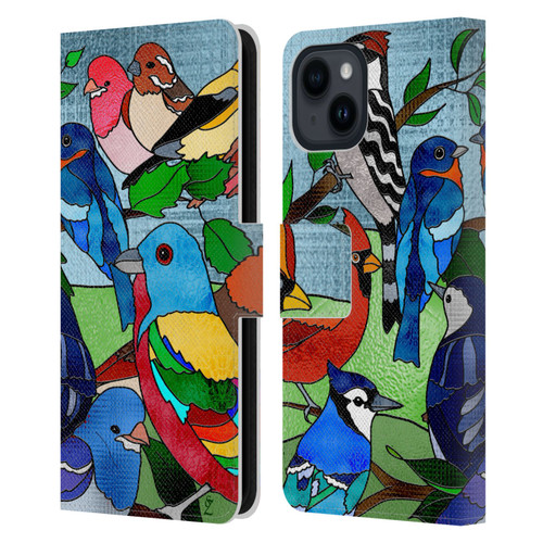 Suzan Lind Birds Stained Glass Leather Book Wallet Case Cover For Apple iPhone 15