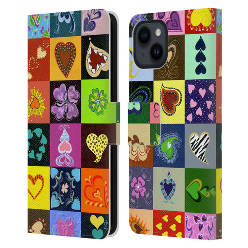 Suzan Lind Colours & Patterns Heart Quilt Leather Book Wallet Case Cover For Apple iPhone 15