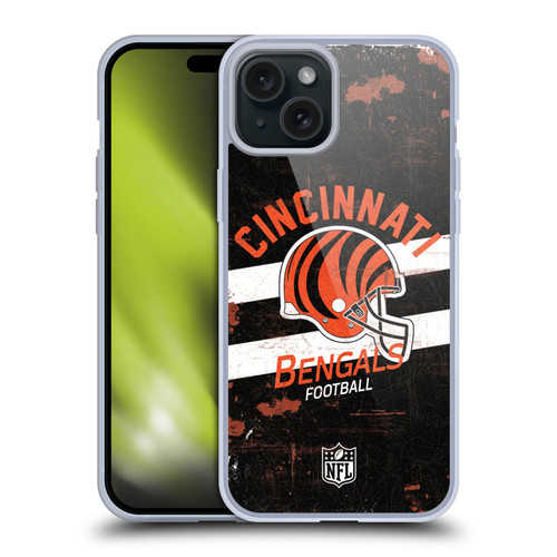 NFL Cincinnati Bengals Logo Art Helmet Distressed Soft Gel Case for Apple iPhone 15 Plus