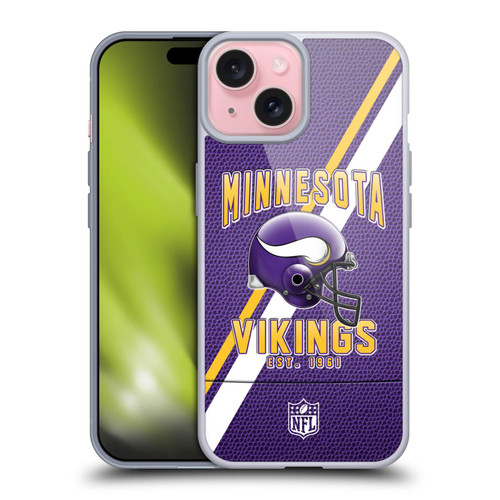 NFL Minnesota Vikings Logo Art Football Stripes Soft Gel Case for Apple iPhone 15 NFL Minnesota Vikings Logo Art Football Stripes Soft Gel Case for Apple iPhone 15