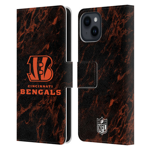 NFL Cincinnati Bengals Graphics Coloured Marble Leather Book Wallet Case Cover For Apple iPhone 15