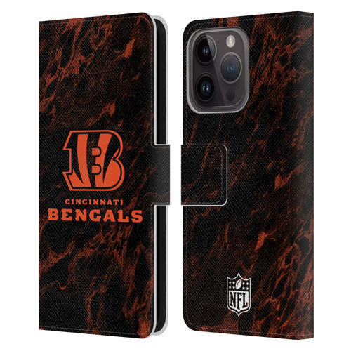 NFL Cincinnati Bengals Graphics Coloured Marble Leather Book Wallet Case Cover For Apple iPhone 15 Pro