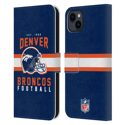 NFL Denver Broncos Graphics Helmet Typography Leather Book Wallet Case Cover For Apple iPhone 15 Plus