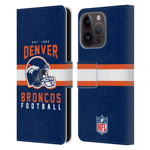 NFL Denver Broncos Graphics Helmet Typography Leather Book Wallet Case Cover For Apple iPhone 15 Pro