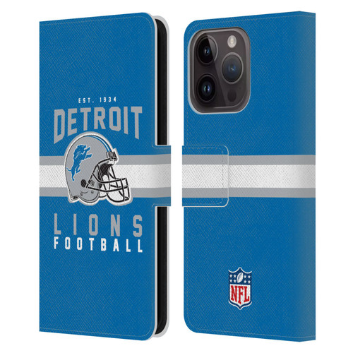 NFL Detroit Lions Graphics Helmet Typography Leather Book Wallet Case Cover For Apple iPhone 15 Pro