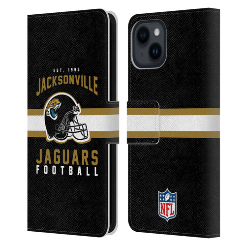 NFL Jacksonville Jaguars Graphics Helmet Typography Leather Book Wallet Case Cover For Apple iPhone 15