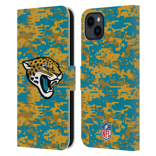 NFL Jacksonville Jaguars Graphics Digital Camouflage Leather Book Wallet Case Cover For Apple iPhone 15 Plus