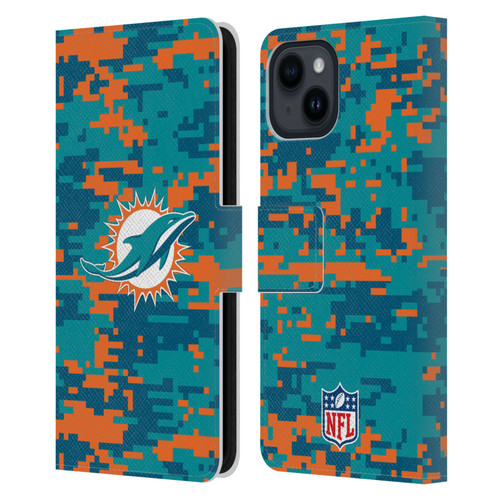NFL Miami Dolphins Graphics Digital Camouflage Leather Book Wallet Case Cover For Apple iPhone 15