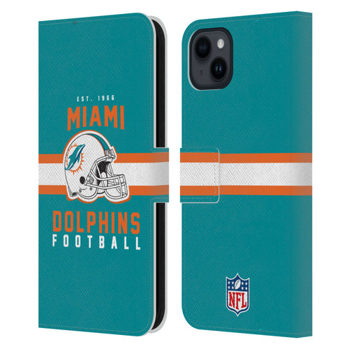 NFL Miami Dolphins Graphics Helmet Typography Leather Book Wallet Case Cover For Apple iPhone 15 Plus