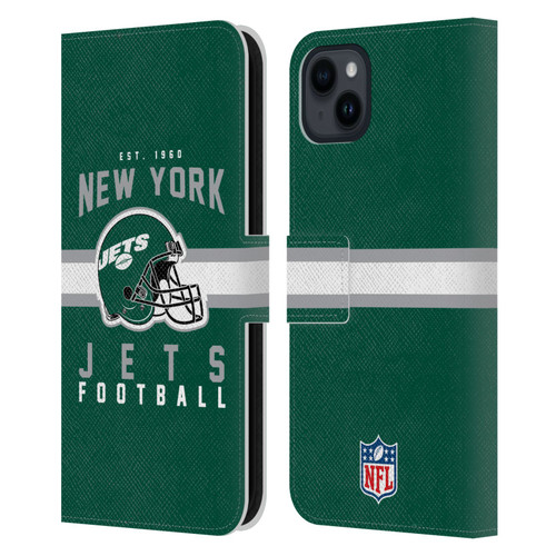 NFL New York Jets Graphics Helmet Typography Leather Book Wallet Case Cover For Apple iPhone 15 Plus