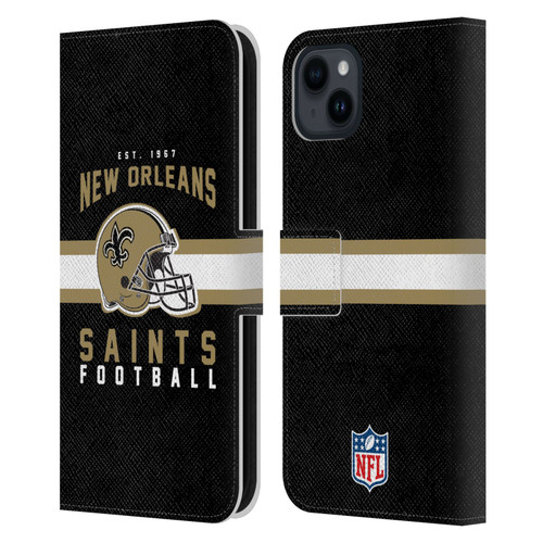 NFL New Orleans Saints Graphics Helmet Typography Leather Book Wallet Case Cover For Apple iPhone 15 Plus
