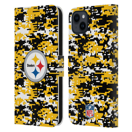 NFL Pittsburgh Steelers Graphics Digital Camouflage Leather Book Wallet Case Cover For Apple iPhone 15 Plus
