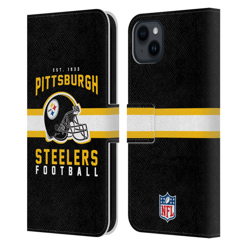 NFL Pittsburgh Steelers Graphics Helmet Typography Leather Book Wallet Case Cover For Apple iPhone 15 Plus