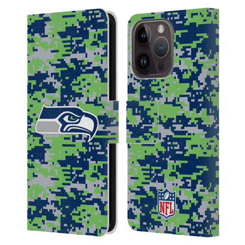 NFL Seattle Seahawks Graphics Digital Camouflage Leather Book Wallet Case Cover For Apple iPhone 15 Pro