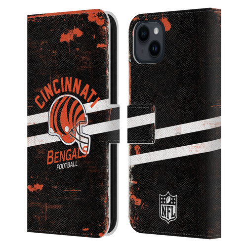 NFL Cincinnati Bengals Logo Art Helmet Distressed Leather Book Wallet Case Cover For Apple iPhone 15 Plus