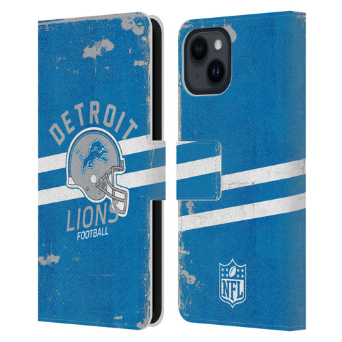 NFL Detroit Lions Logo Art Helmet Distressed Leather Book Wallet Case Cover For Apple iPhone 15