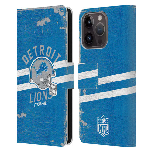 NFL Detroit Lions Logo Art Helmet Distressed Leather Book Wallet Case Cover For Apple iPhone 15 Pro