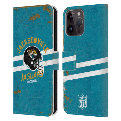 NFL Jacksonville Jaguars Logo Art Helmet Distressed Leather Book Wallet Case Cover For Apple iPhone 15 Pro Max