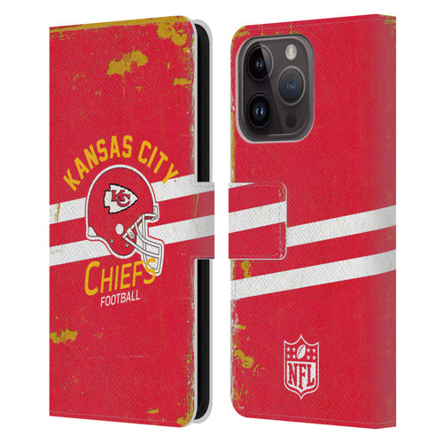 NFL Kansas City Chiefs Logo Art Helmet Distressed Leather Book Wallet Case Cover For Apple iPhone 15 Pro