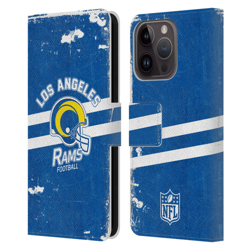 NFL Los Angeles Rams Logo Art Helmet Distressed Look 100th Leather Book Wallet Case Cover For Apple iPhone 15 Pro