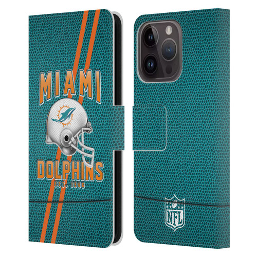 NFL Miami Dolphins Logo Art Football Stripes Leather Book Wallet Case Cover For Apple iPhone 15 Pro
