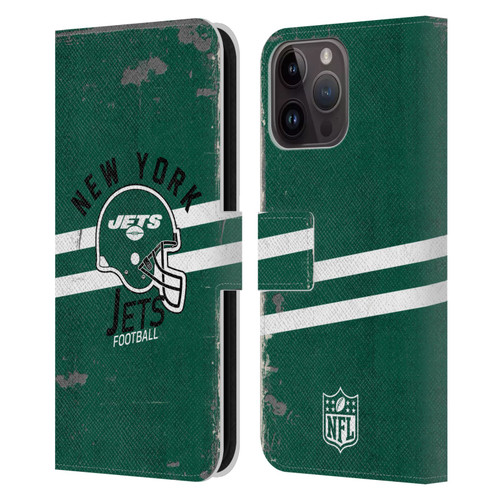NFL New York Jets Logo Art Helmet Distressed Leather Book Wallet Case Cover For Apple iPhone 15 Pro Max