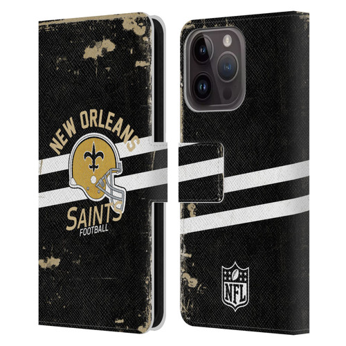 NFL New Orleans Saints Logo Art Helmet Distressed Leather Book Wallet Case Cover For Apple iPhone 15 Pro