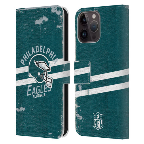 NFL Philadelphia Eagles Logo Art Helmet Distressed Leather Book Wallet Case Cover For Apple iPhone 15 Pro Max