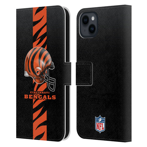 NFL Cincinnati Bengals Logo Helmet Leather Book Wallet Case Cover For Apple iPhone 15 Plus