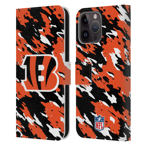 NFL Cincinnati Bengals Logo Camou Leather Book Wallet Case Cover For Apple iPhone 15 Pro Max