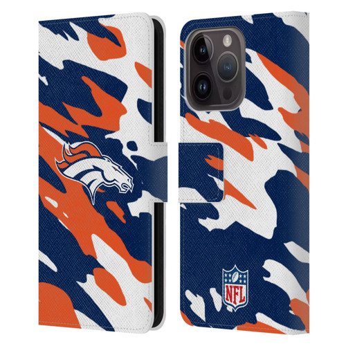 NFL Denver Broncos Logo Camou Leather Book Wallet Case Cover For Apple iPhone 15 Pro
