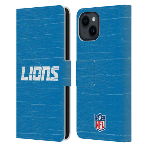 NFL Detroit Lions Logo Distressed Look Leather Book Wallet Case Cover For Apple iPhone 15
