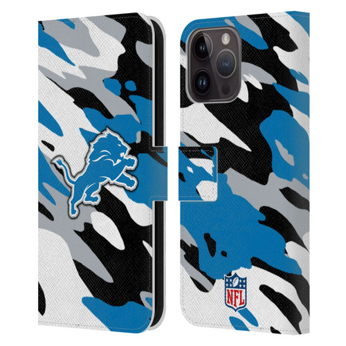 NFL Detroit Lions Logo Camou Leather Book Wallet Case Cover For Apple iPhone 15 Pro Max