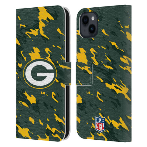 NFL Green Bay Packers Logo Camou Leather Book Wallet Case Cover For Apple iPhone 15 Plus