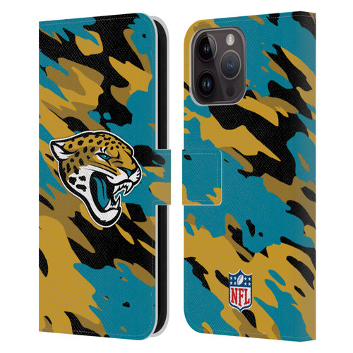 NFL Jacksonville Jaguars Logo Camou Leather Book Wallet Case Cover For Apple iPhone 15 Pro Max