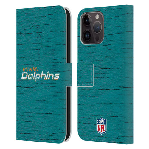 NFL Miami Dolphins Logo Distressed Look Leather Book Wallet Case Cover For Apple iPhone 15 Pro Max