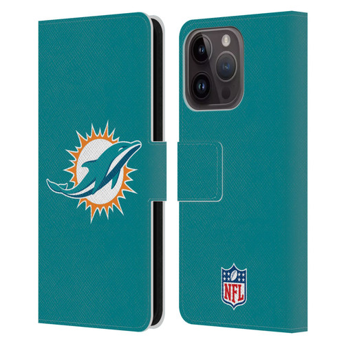 NFL Miami Dolphins Logo Plain Leather Book Wallet Case Cover For Apple iPhone 15 Pro